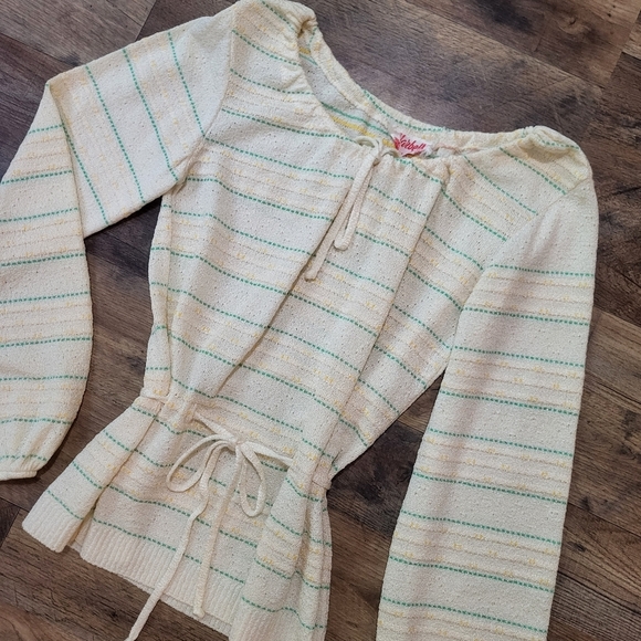 Vintage 70's Marabella Knits Off-White Green Striped Waist-Tie Top Size Small - Picture 2 of 5